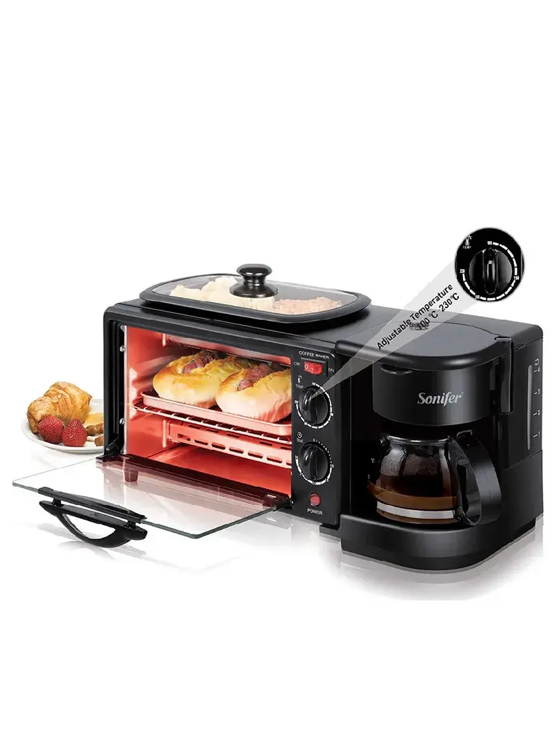 1050-1250W 3-In-1 Breakfast Maker: 7.0L Oven + Grill Pan with Glass Lid + 6-Cup Coffee Maker SF-4004 (L46 x W18 x H20)cm