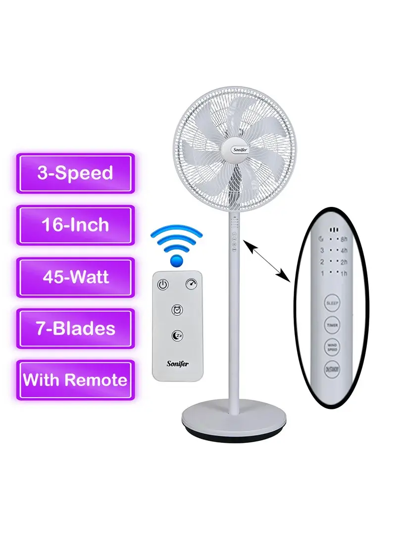 16-Inch 45W 7-Blade Low Noise Stand Fan with Remote Control, 3-Speed Eco Energy Adjustable Electrical Fan with Timer SF-6527