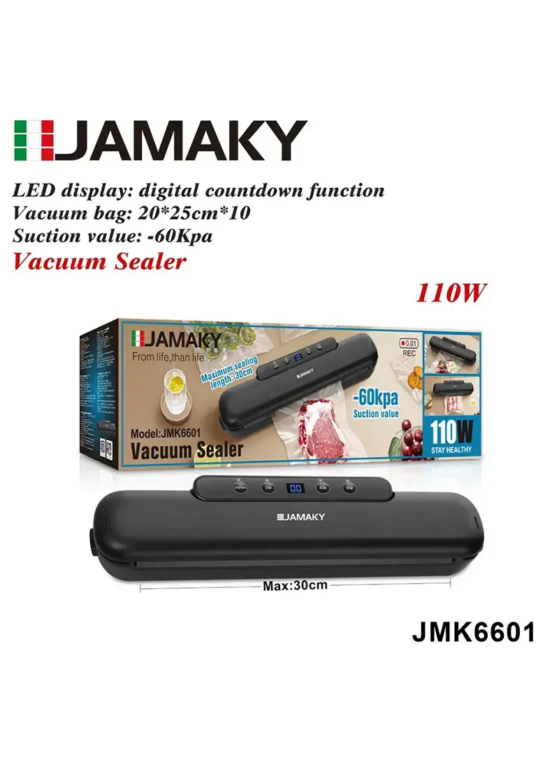 110W High-Power Vacuum Sealer with LED Display, -60Kpa Suction 30cm Sealing Width Multi-Use Fresh Food Sealer JMK6601 (L35 x W8 x H5)cm