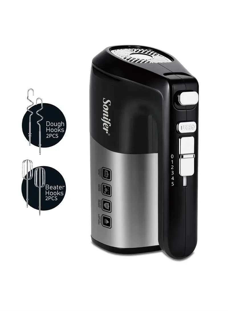 300W Hand Mixer: ABS+Stainless, 5–Speed Turbo with High-Quality Motor & Iron-Plated + Beater Hooks - SF-7040 - Silver & Black