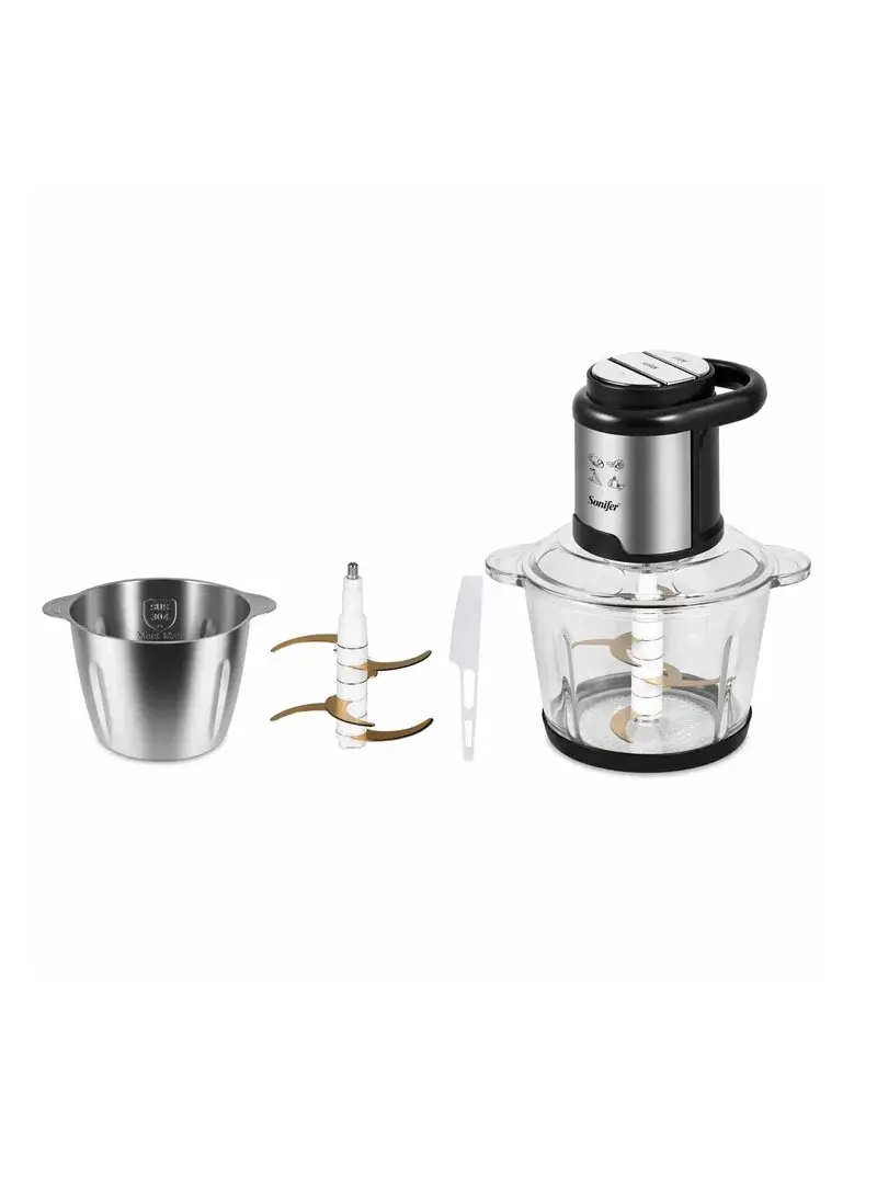 500W 2.5L 2-in-1 Food Chopper with Dual Glass Stainless Steel Bowls 5 Blade System SF-8197