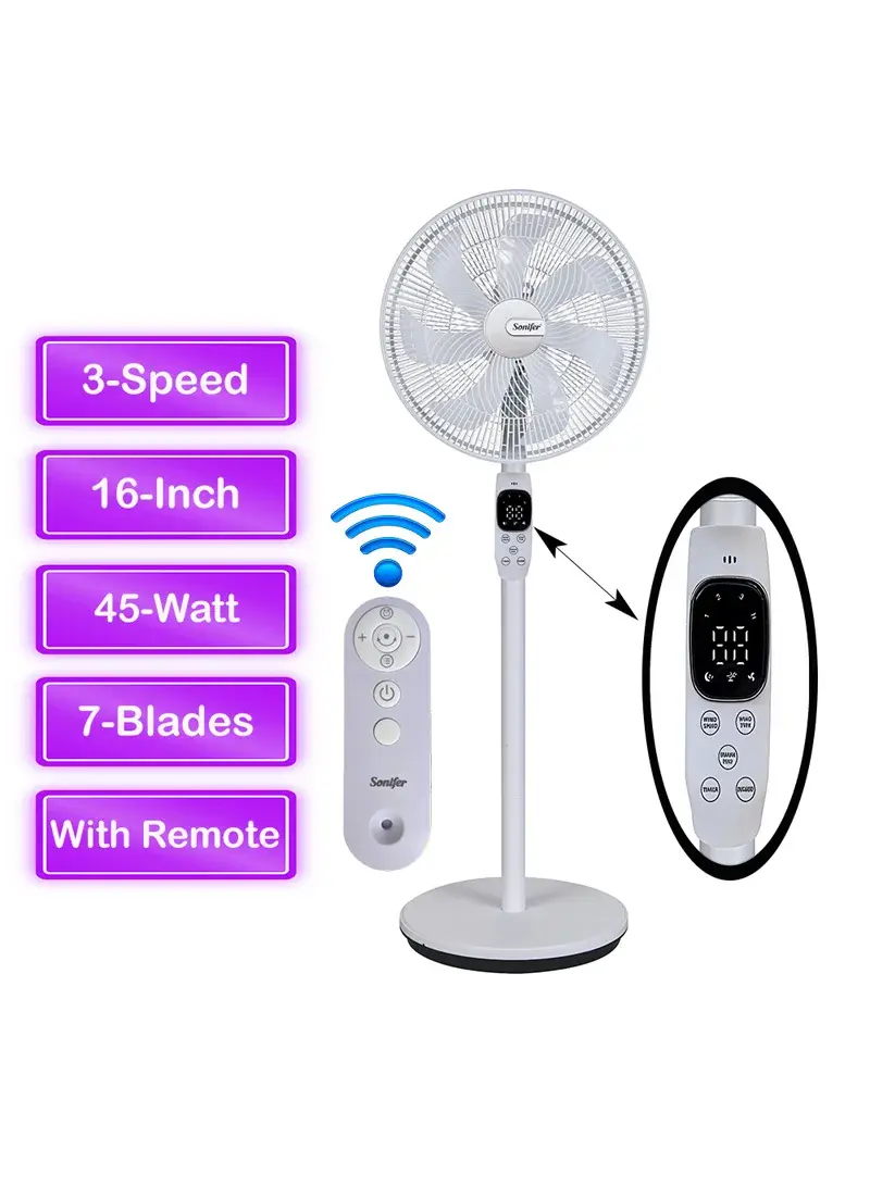 16-Inch 45W 7-Blade Low Noise Stand Fan with Remote Control, 3-Speed Eco Energy Adjustable Electrical Fan with Timer & Digital Screen SF-6528