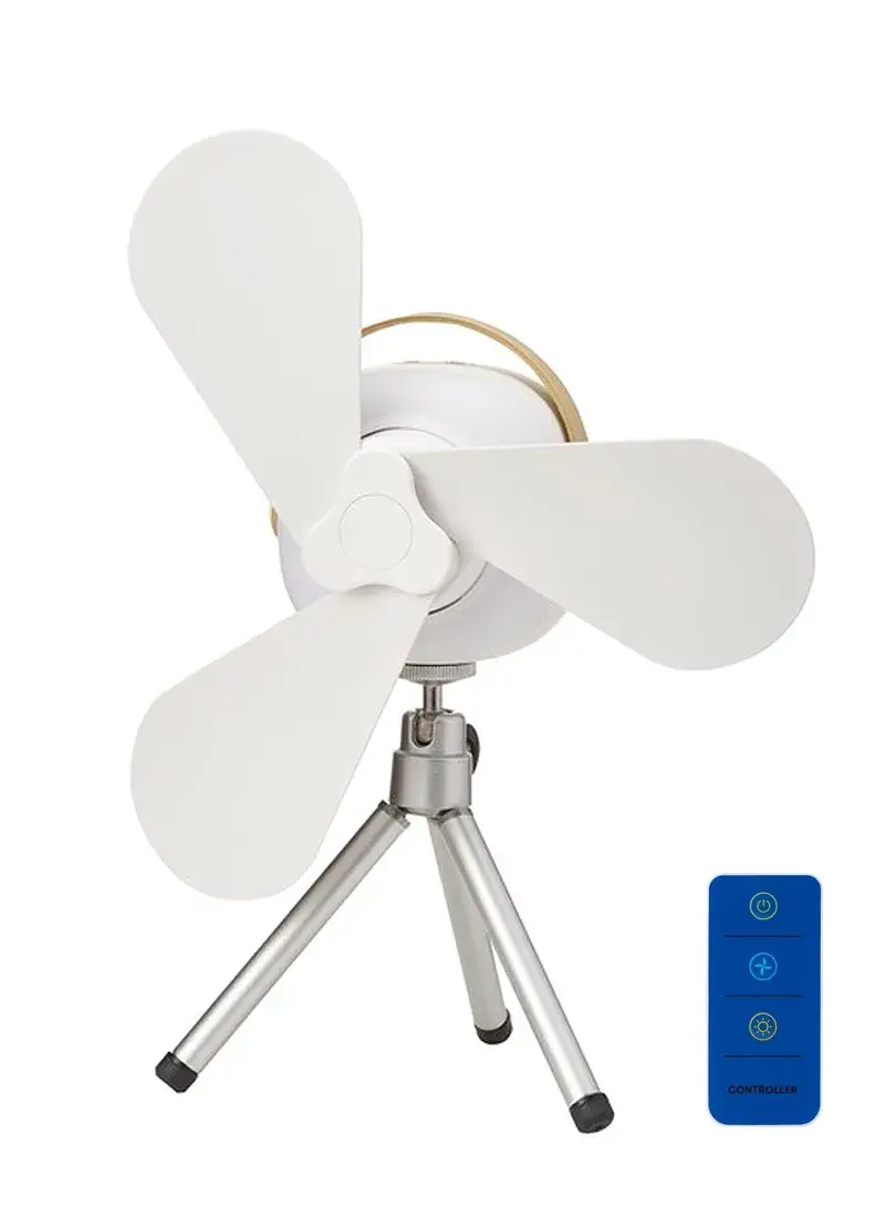 3600mAh Portable Fan with Remote Control, Night Light, 4 Speed Modes & Hanging Tripod Stand - White
