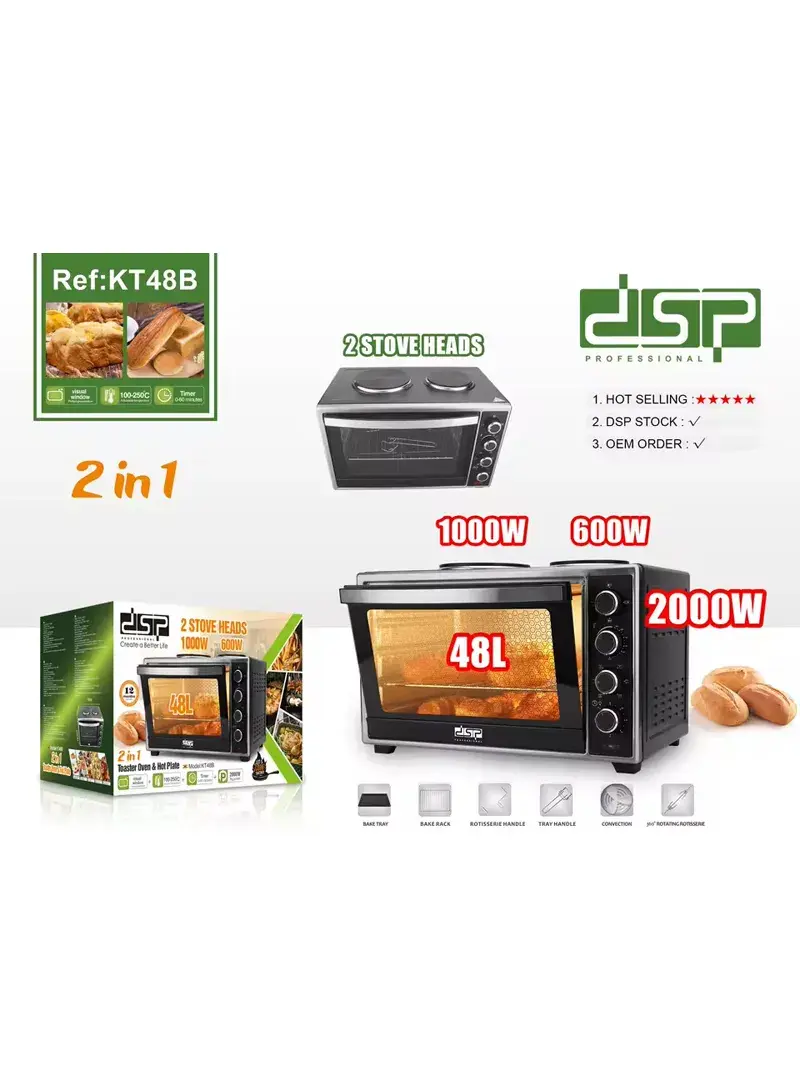 2000W 48L High Power Adjustable Temperature Timer Electric Toaster Oven With 1000+600W 2 Stove Heads KT48B (L45 x W58 x H36)cm - Black & Silver