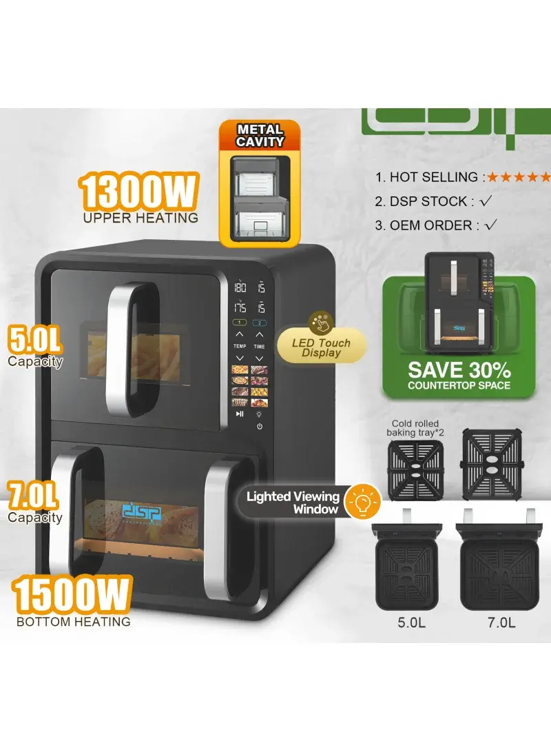 2800W Dual-Layer Vertical Air Fryer With Independent Baskets & LED Touch Display KB2197