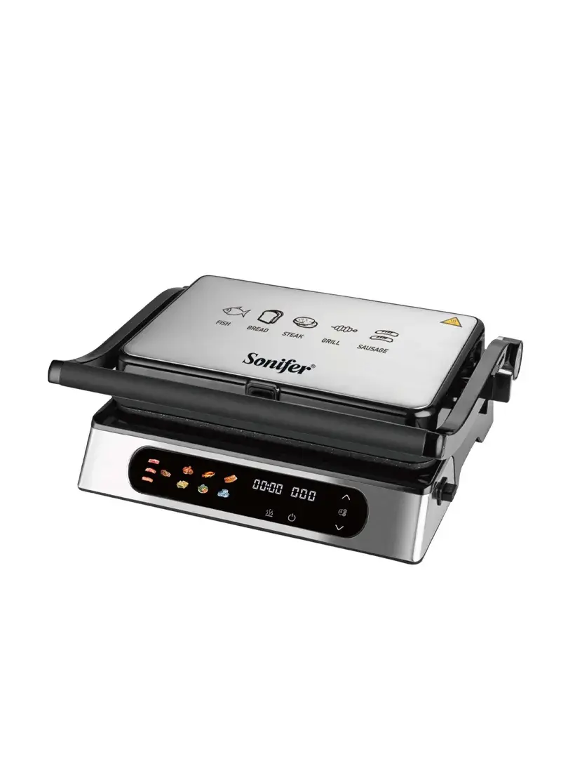 1800W Electric Contact Grill Touch Screen Colorful Screen Digital Display Stainless Steel Decorative Housing BBQ Grill 6 Slices Large Detachable Plate Electric Grill SF-6181