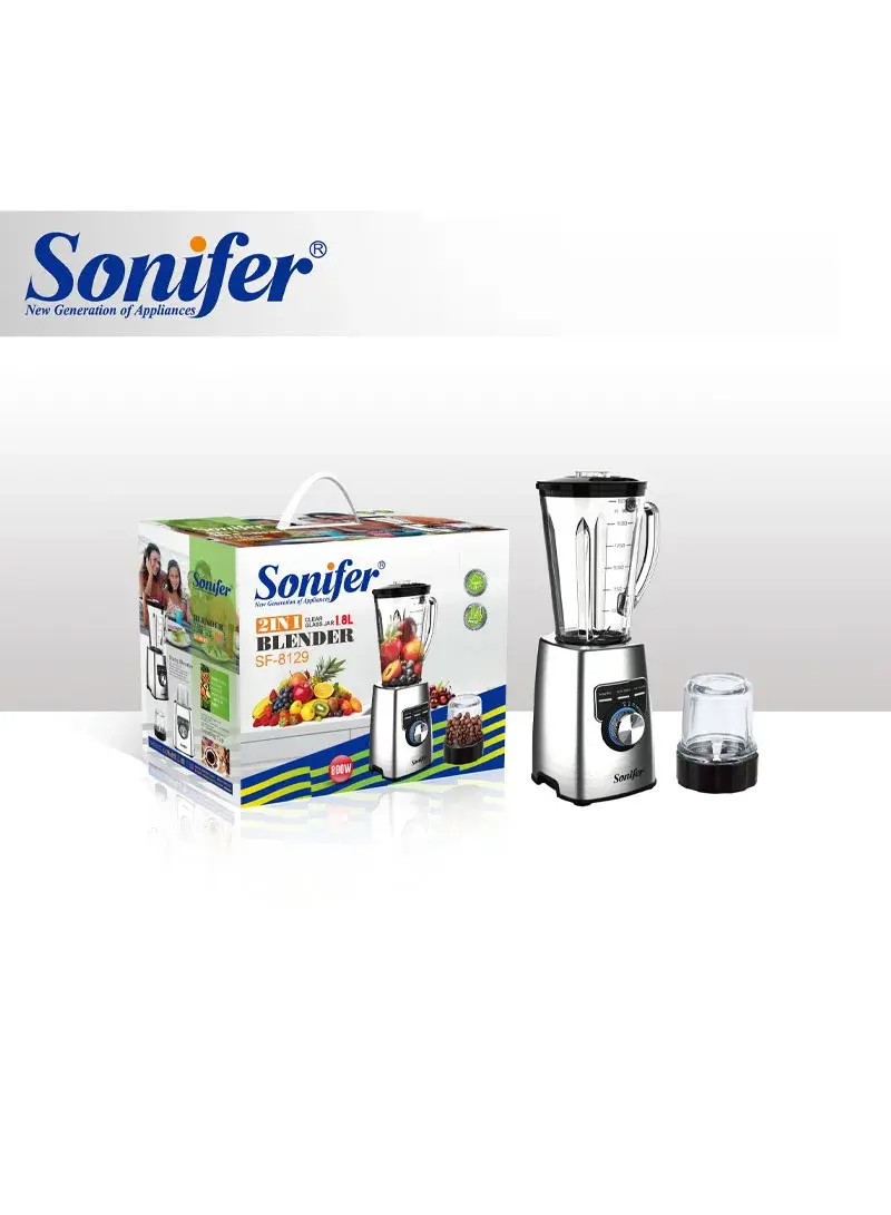 800W 1.8L 2-in-1 Stainless Steel Electric Blender, Multifunctional Electric Blender with Clear Glass Jar & 60g Coffee Grinder SF-8129
