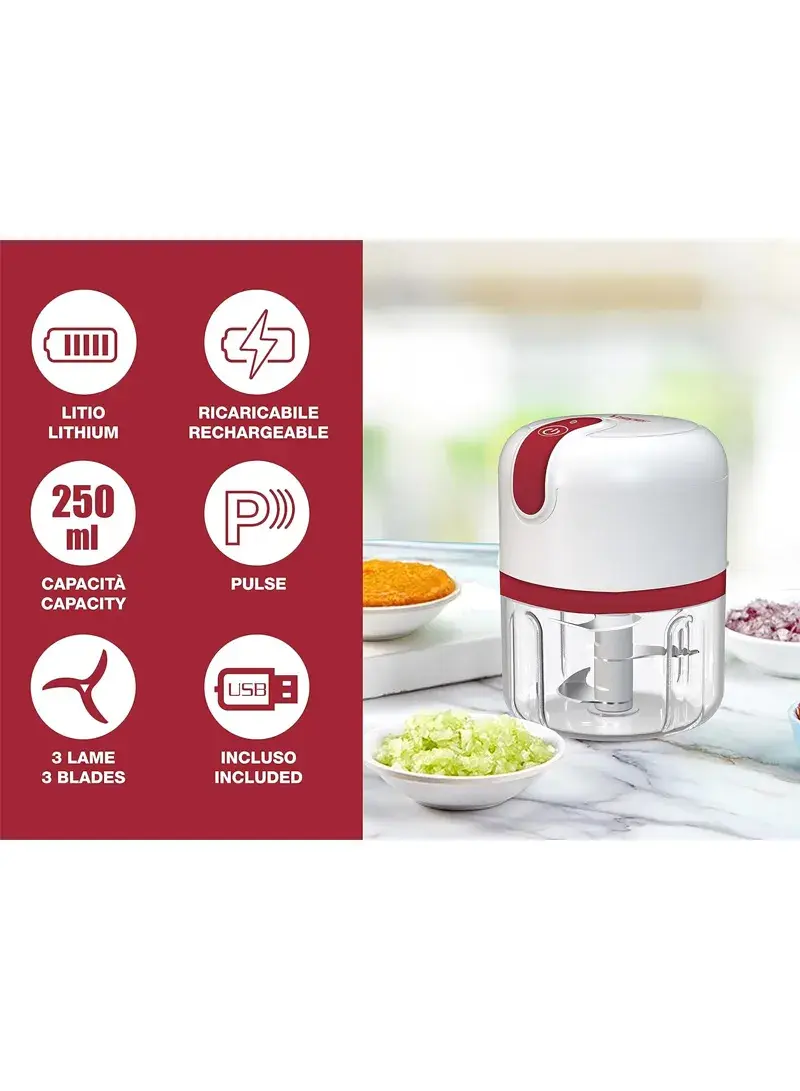 5W 250ml ABS & Stainless Steel Usb Rechargeable Food Chopper P102ROB050 (D8 x W8 x H11.5)cm