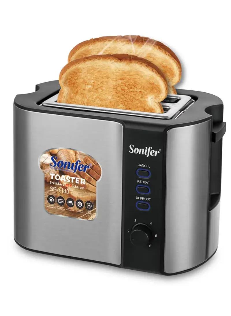 800W 2-Slice Stainless Steel Toaster with Removable Crumb Tray, 6-Heating Option & Multi-Mode Bread Toaster with Automatic Pop-Up SF-6180