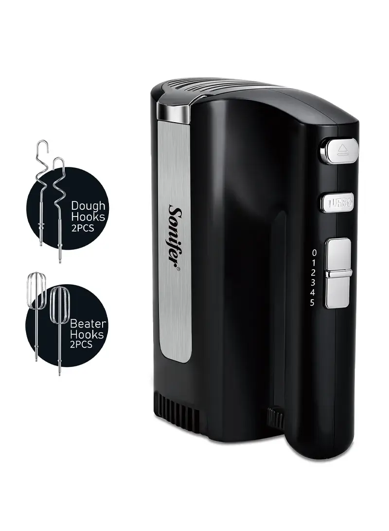 260W Hand Mixer: ABS+Stainless, 5–Speed+Turbo, with High-Quality Motor & Iron-Plated Hooks - SF-7039 - Black