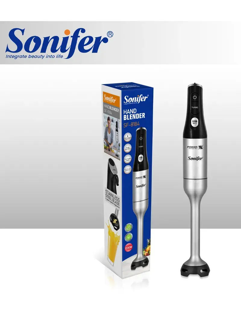 1200W 6-Gear Turbo Hand Blender with Pure Copper Motor, Sharp Blade & Durable Body - SF-8184 - Silver & Black