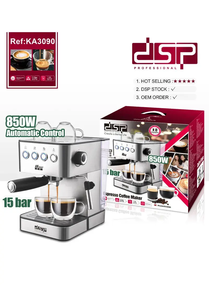 850W 1.8L Stainless Steel Espresso Maker, 15-Bar High-Pressure Steam Espresso Maker KA3090
