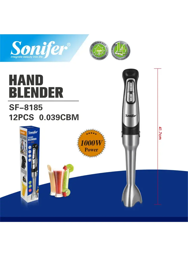 1000W 6-Gear Turbo Hand Blender with Pure Copper Motor & Durable Body + Sharp Golden Knife - SF-8185 - Silver & Black