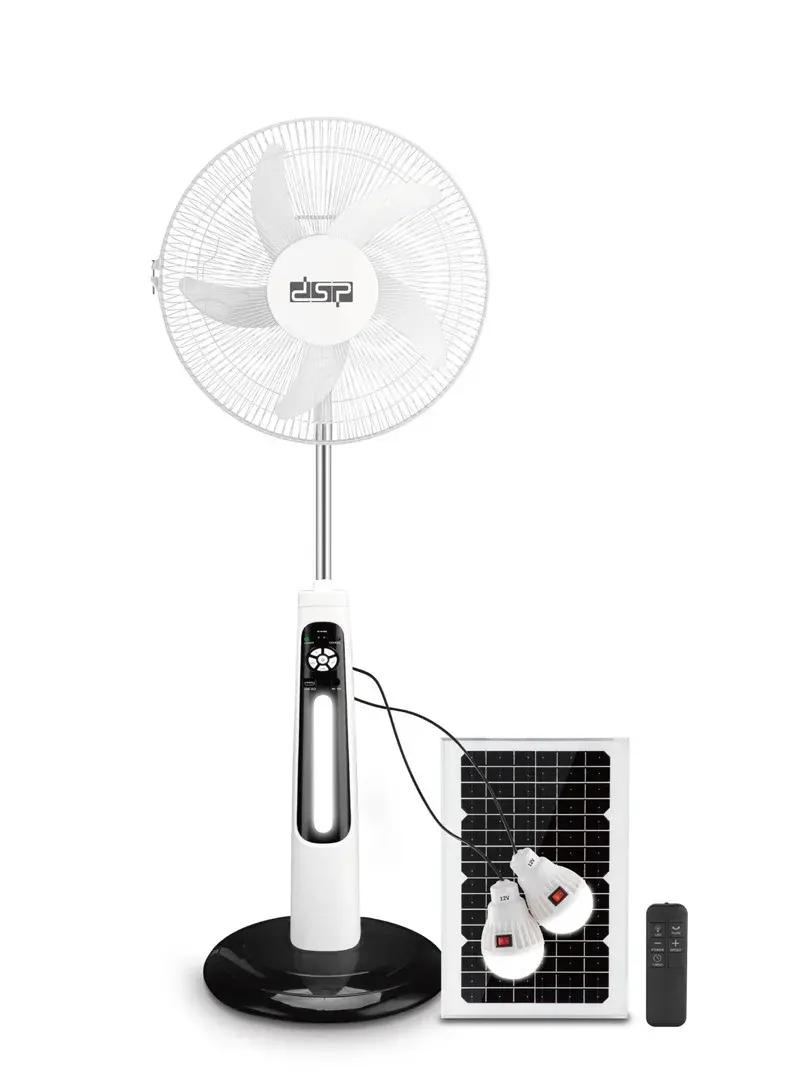30W Solar Rechargeable Standing Fan With 9 Adjustable Speed, 2 LED Bulbs & Adjustable Height KD3093