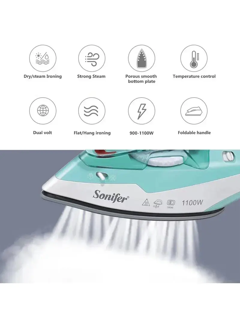 900-1100W Travel Electric Foldable Steam Iron with Ceramic Base & Temperature Control SF-9054 - Turquoise