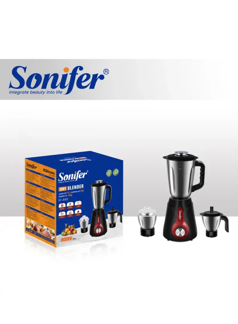 800W 3in1 Blender, Grinder & Shopper, with 100g Grinder Cups + Stainless Blades & Overheat Protection - SF-8183 - Silver & Black