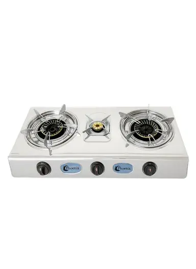 3-Burner Stainless Steel Gas Stove, LPG Compatible, Manual Ignition, Durable Pan Supports ZD945