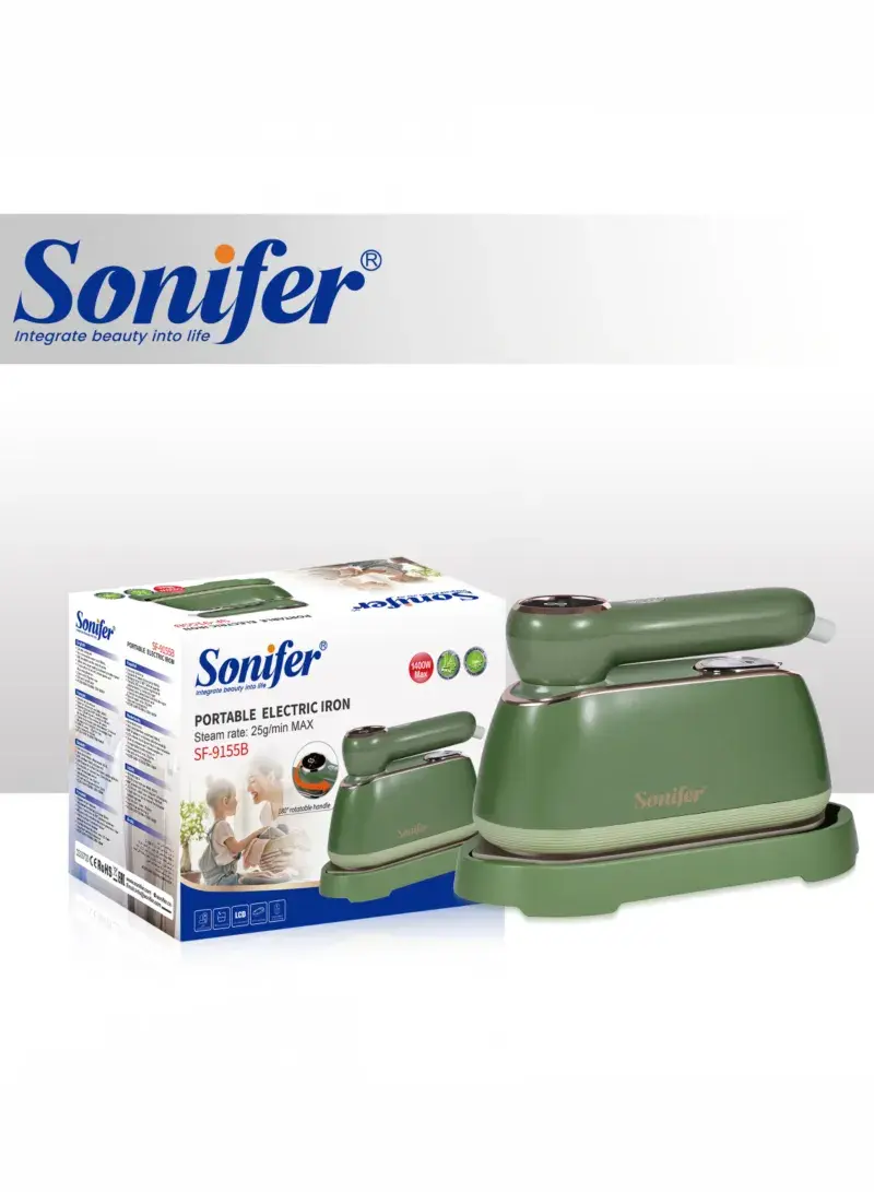 1400W 160mL Portable Ceramic Electric Iron LCD Display with 3 Steam Gears & Anti Scald Base + Foldable Hand - SF-9155B - Green