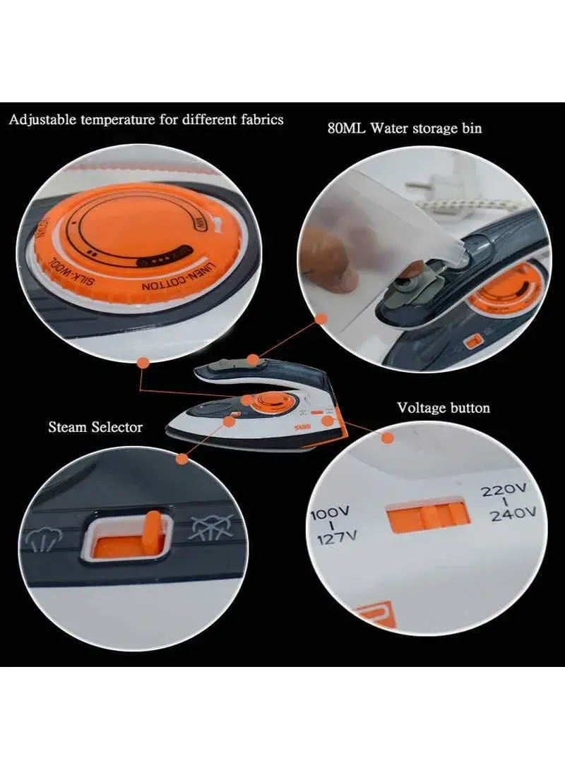 1200W 100-240V Mini Travel Steam Iron Ceramic Coating Plate Steam Iron With 80ml Water Tank For Travel KD1068 - Orange