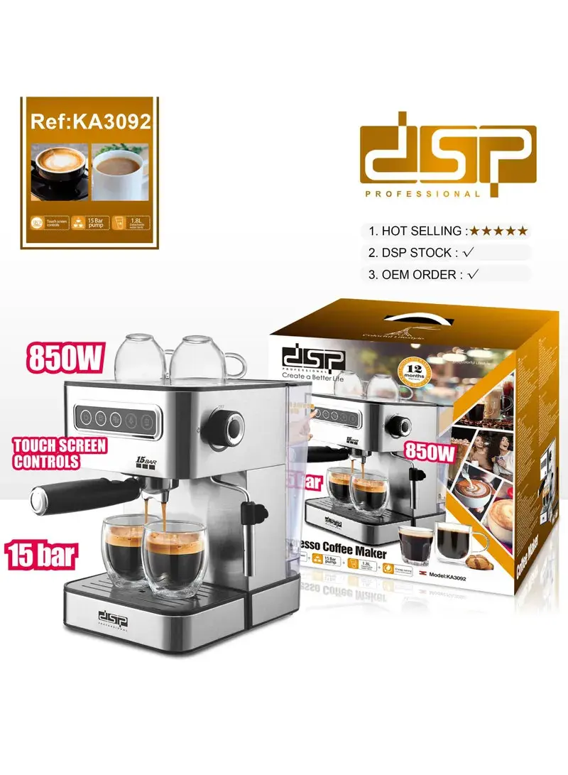 850W 1.8L Stainless Steel Espresso Maker, 15-Bar High Pressure Steam Espresso Maker KA3092 (L32 x W26 x H37)cm