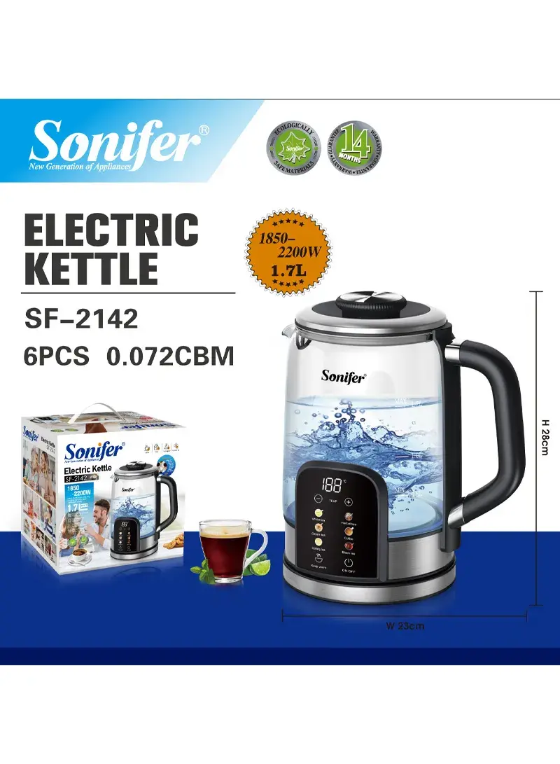 2200W 1.7-liter Borosilicate Glass Electric Kettle with Touchscreen Control & Digital Display, Ideal for Precise Temperature Brewing & Rapid Boiling SF-2142