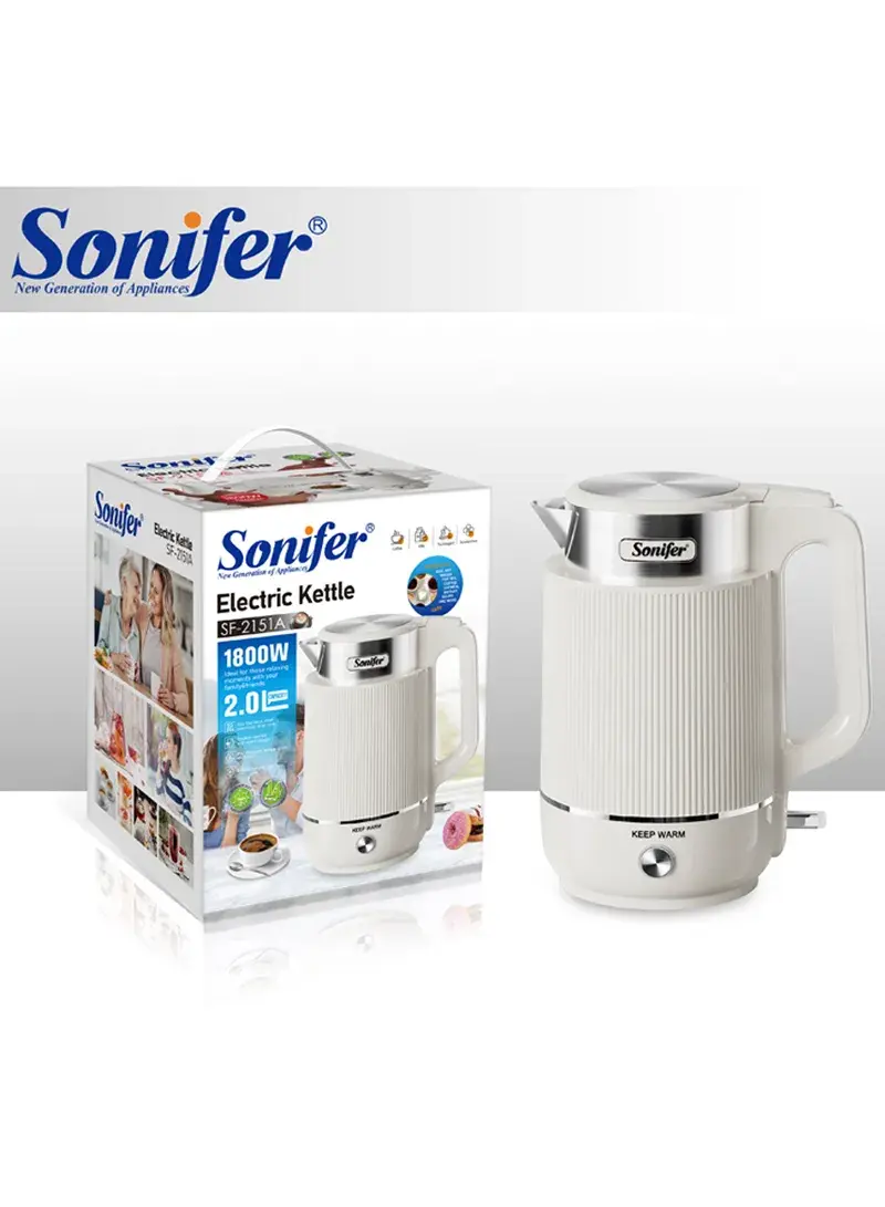 1800W 2L Electric Kettle Fast Boil with Keep Warm, Auto Shut-Off & Boil-Dry Protection SF-2151A - White