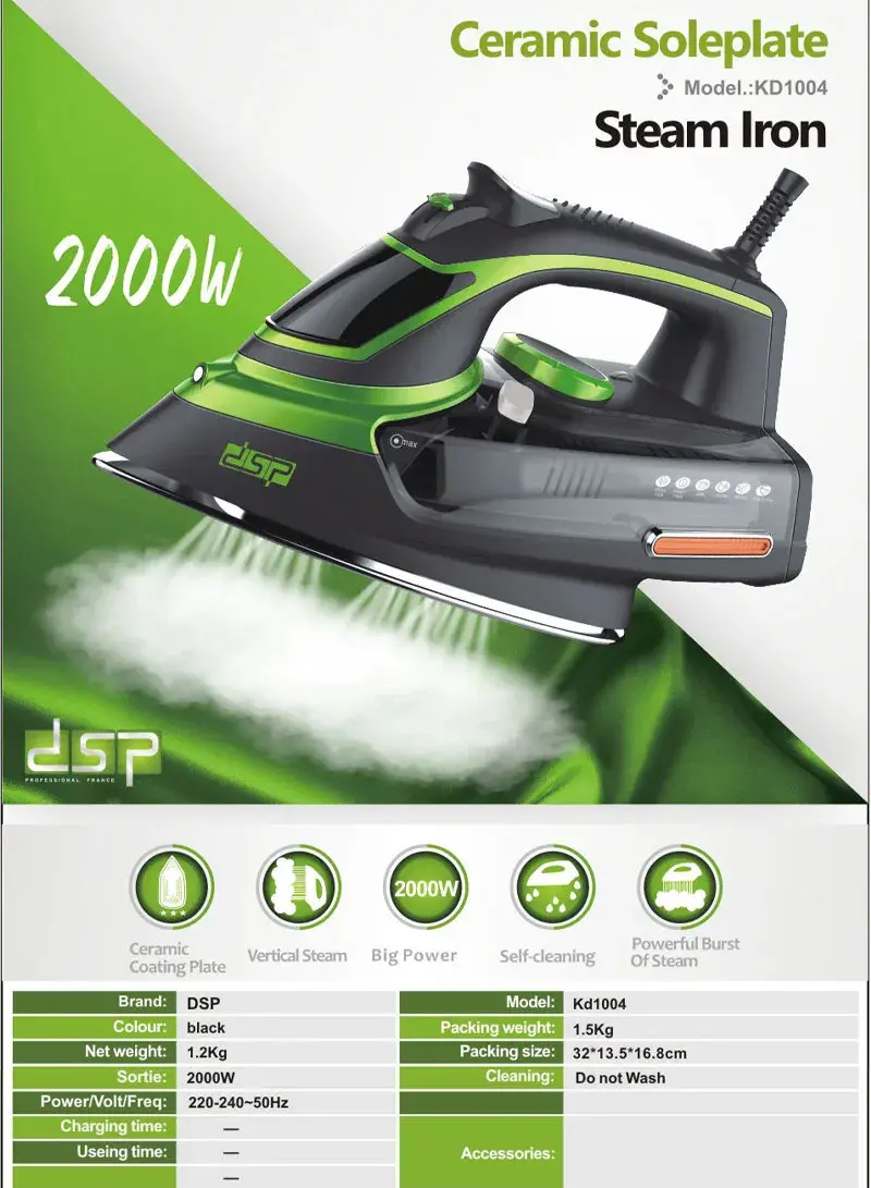 2000W Ceramic Soleplate Steam Iron KD1004 (L30 x W13.5 x H14.5)cm - Black & purple