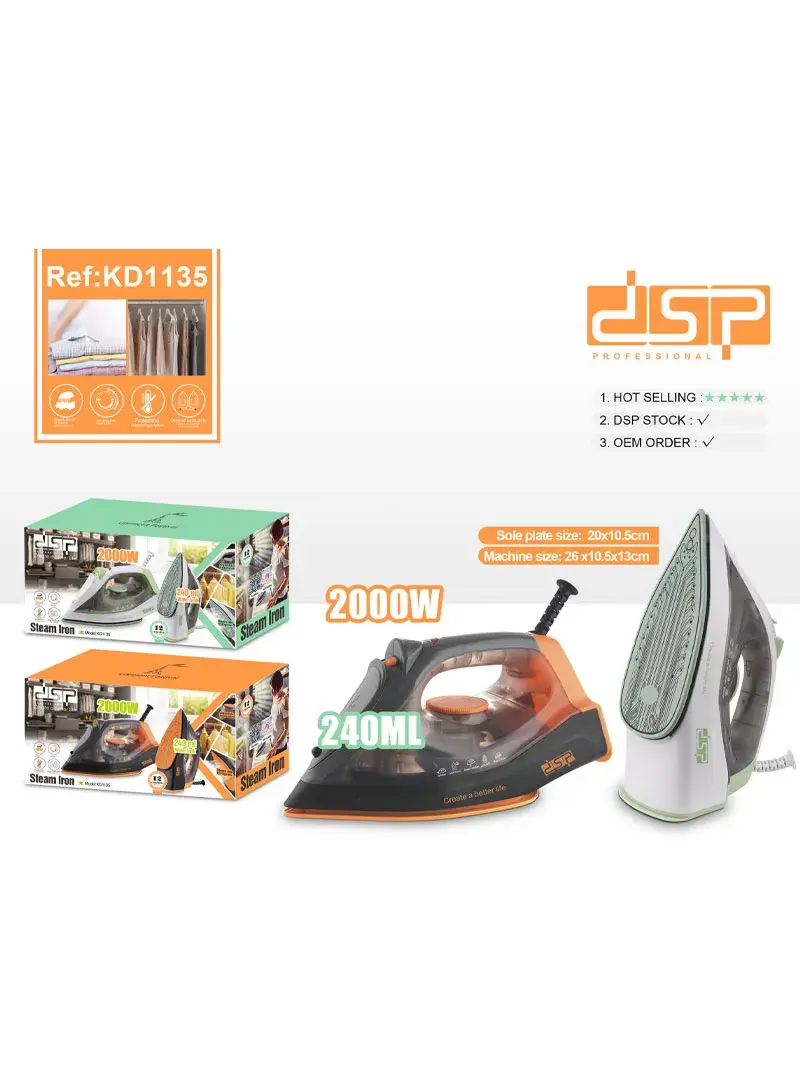 2000W 240ml Ceramic Steam Iron Efficient & Powerful with Adjustable Temperature KD1135 (L13 x W11 x H27)cm - Orange