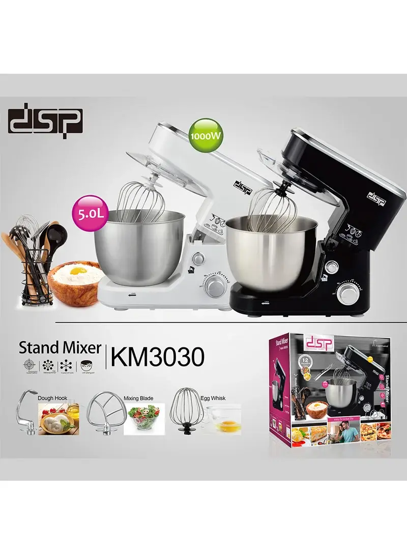1000W 5L Professional 3-In-1 Stand Mixer With Stainless Steel Bowl & 10+ Speed Control KM3030 (W29 × D15 × H28)cm - Black