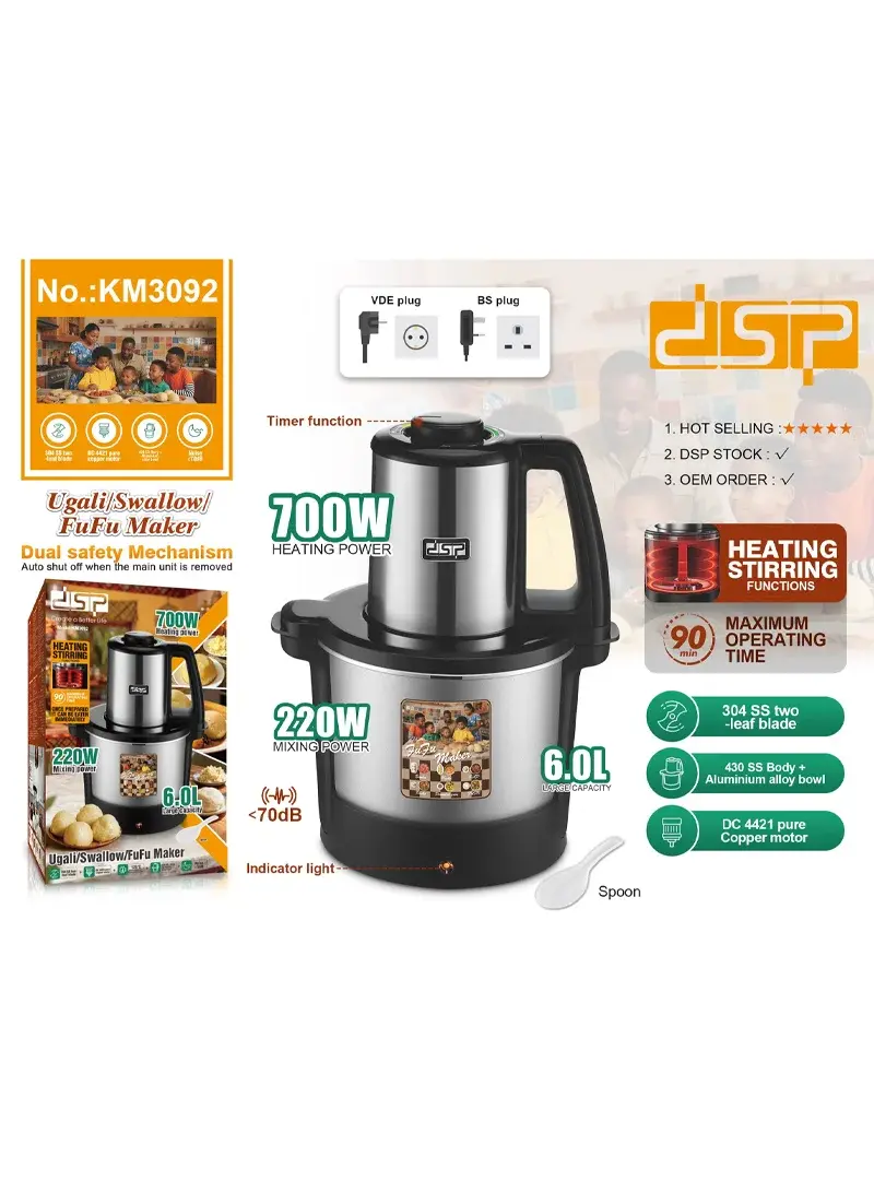 700W 6L Ugali Maker Electric Cooker & Mixer – Stainless Steel, Temperature Control, 220W Mixing Power, Low Noise KM3092