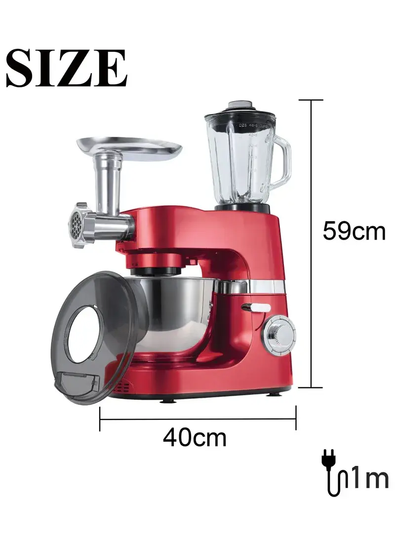 1200W 1.9Kg 7L 3-IN-1 Multi-Functional Stand Mixer With 1.5L Glass Jar Blender & Meat Grinder SF-8076 - Red