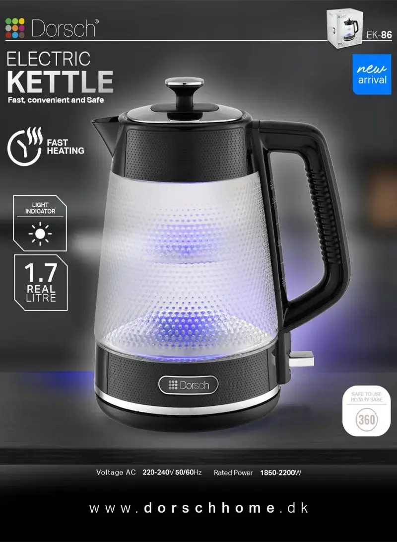 2200W 1.7L Glass & Stainless Steel Elegant Electric Kettle EK-86 With 360° Rotary Base & Indicater Light For Fast Boiling DH-07306