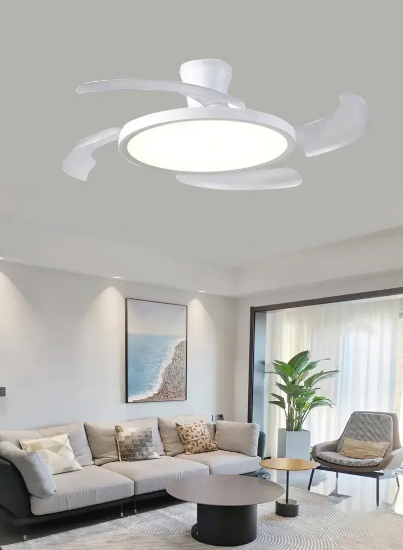 48-Inch Ceiling Fan Light with Transparent Retractable Blades, Eye-Safe Full-Spectrum LED & Quiet 6-Speed Reversible Motor 1730 - White