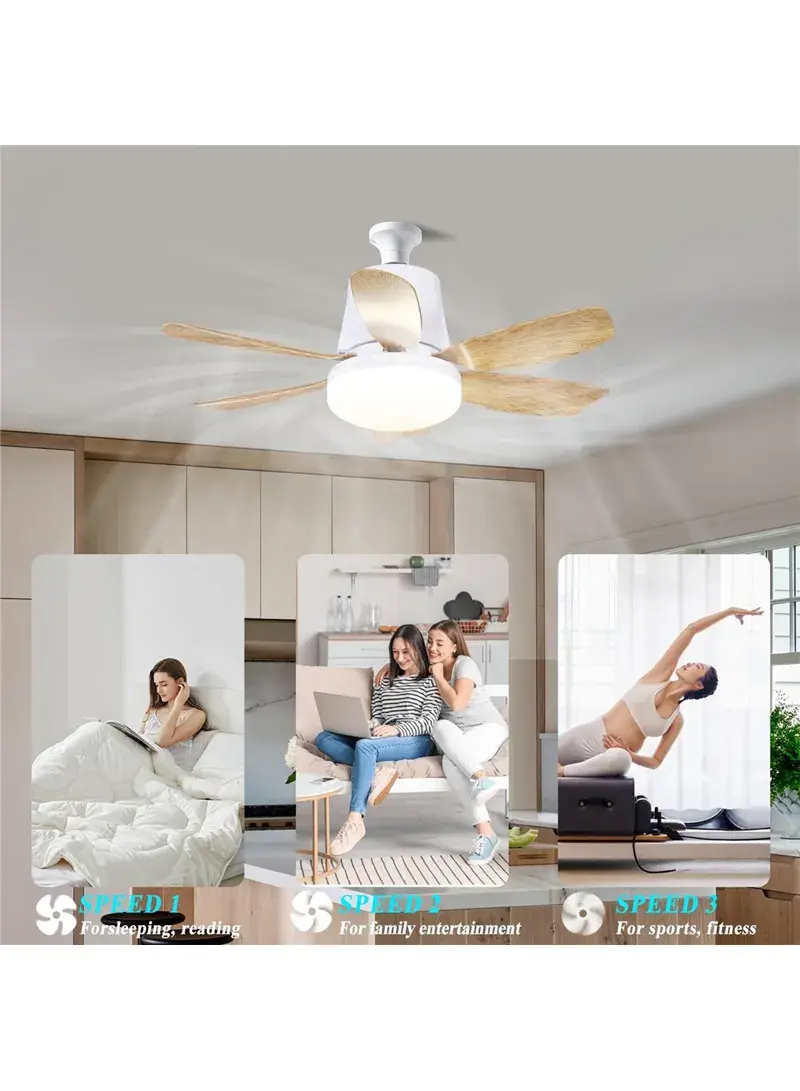 Remote Control 3 Speeds Adjustable E27 Ceiling Fan Light with Wood Grain Blades LEC020 - White