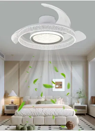 27-inch Crystal Trim Invisible Blade Ceiling Fan Light with Full-Spectrum Eye Protection LED, Smart Voice & Remote Control 1737