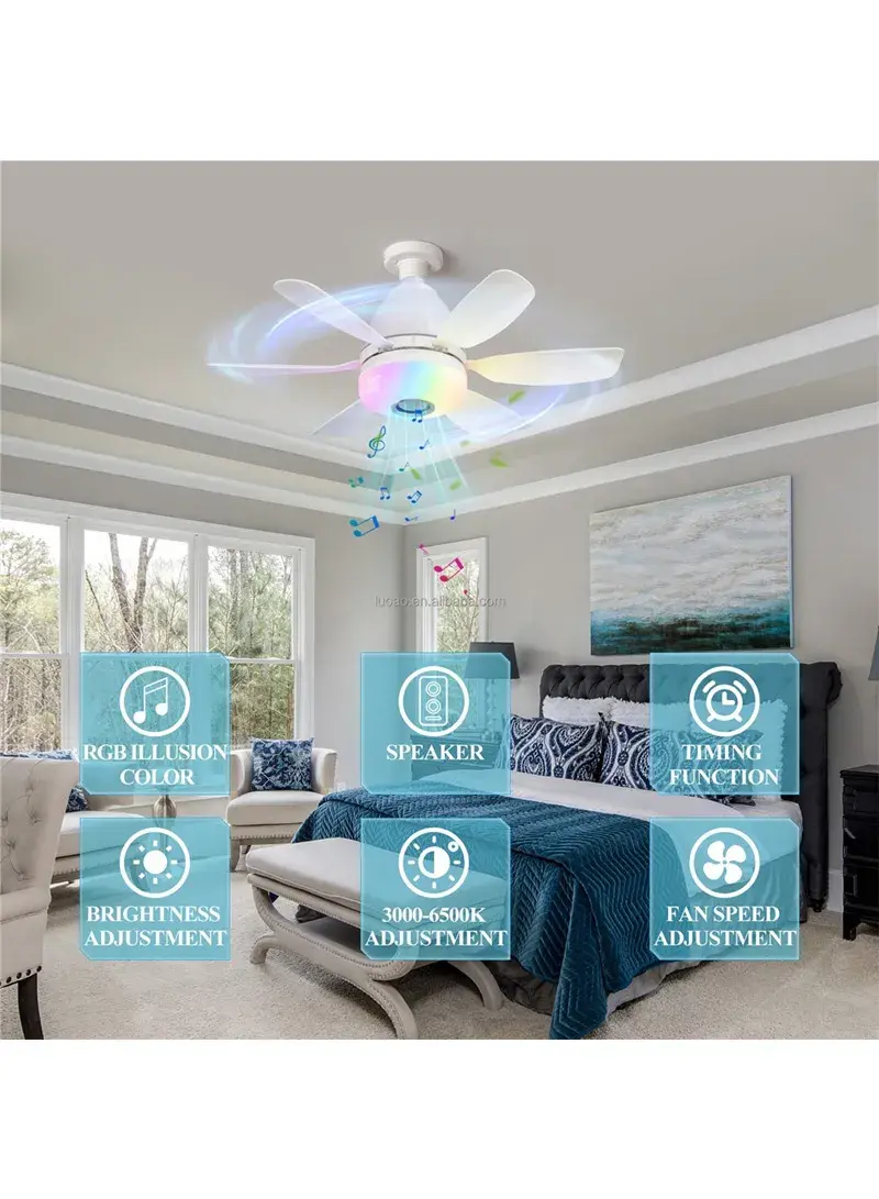 30W Small 3-Speed Fan Light Smart Dimmable Ceiling Fan with Remote Control 3 Color Temperature Adjustable LEC020- Colorful