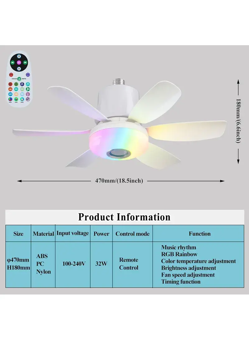 32W 3-Speed Fan Light RGB Dimmable Remote Control Ceiling Fan with Bluetooth-compatible Speaker LEC017R - Multi-Color