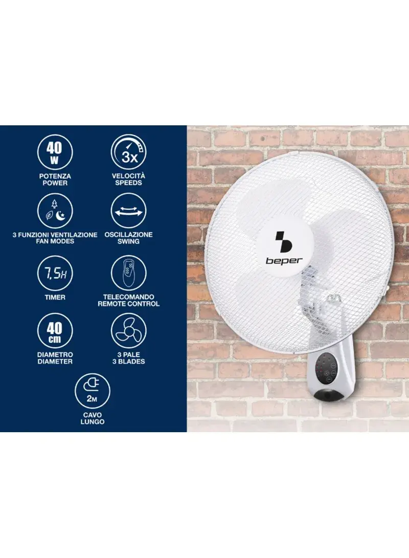 40W Wall Fan With Remote Control With 3 Speeds & 3 Modes P206VEN600