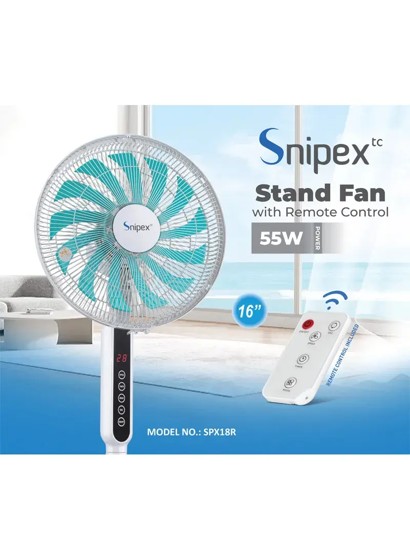 16" 55W 13-Blade Touch & Remote Control Pedestal Stand/Desk Fan With 3 Height Adjustment, 3 Speeds, 3 Wind Modes, Timer & Room Temperature Display SPX18R - White