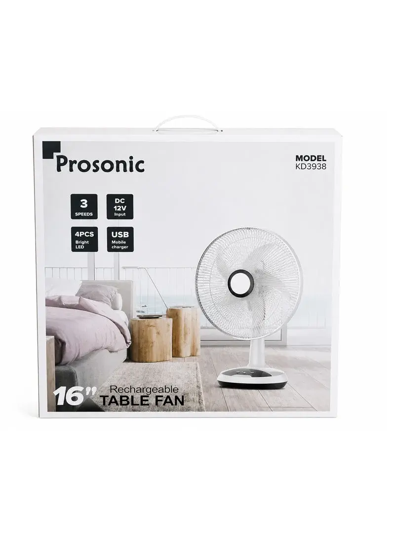 16" Rechargeable Table Fan with LED Lights & USB Charging KD3938