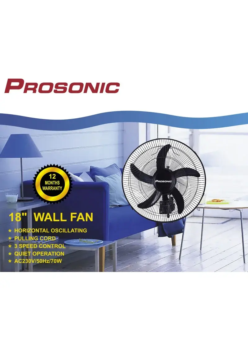 18" Pull-Cord Wall Fan, 70W, 3-Speeds with Oscillation WF-1803