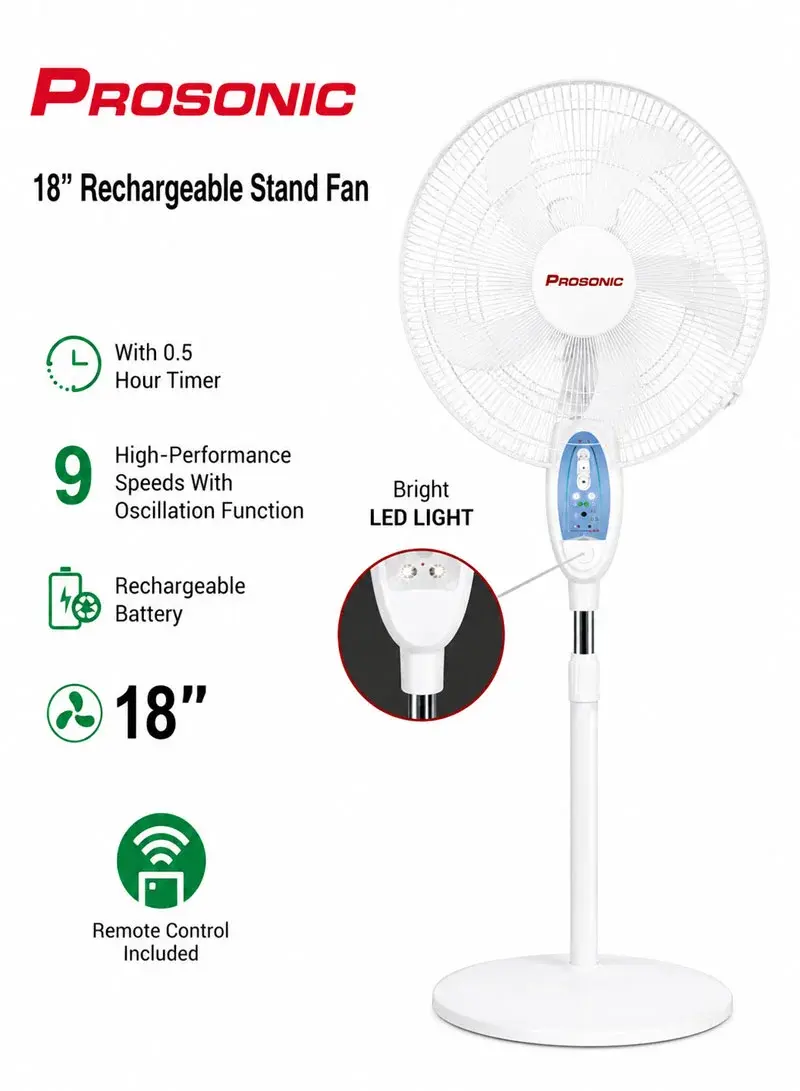 18" Rechargeable Dual Power Stand Fan with LED Light & Remote RSF-1803