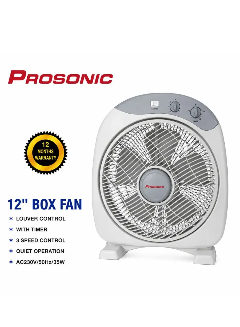 12" Box Fan, 35W, 3-Speed Quiet Operation with Oscillation, Louver Control & Timer KYT-1203