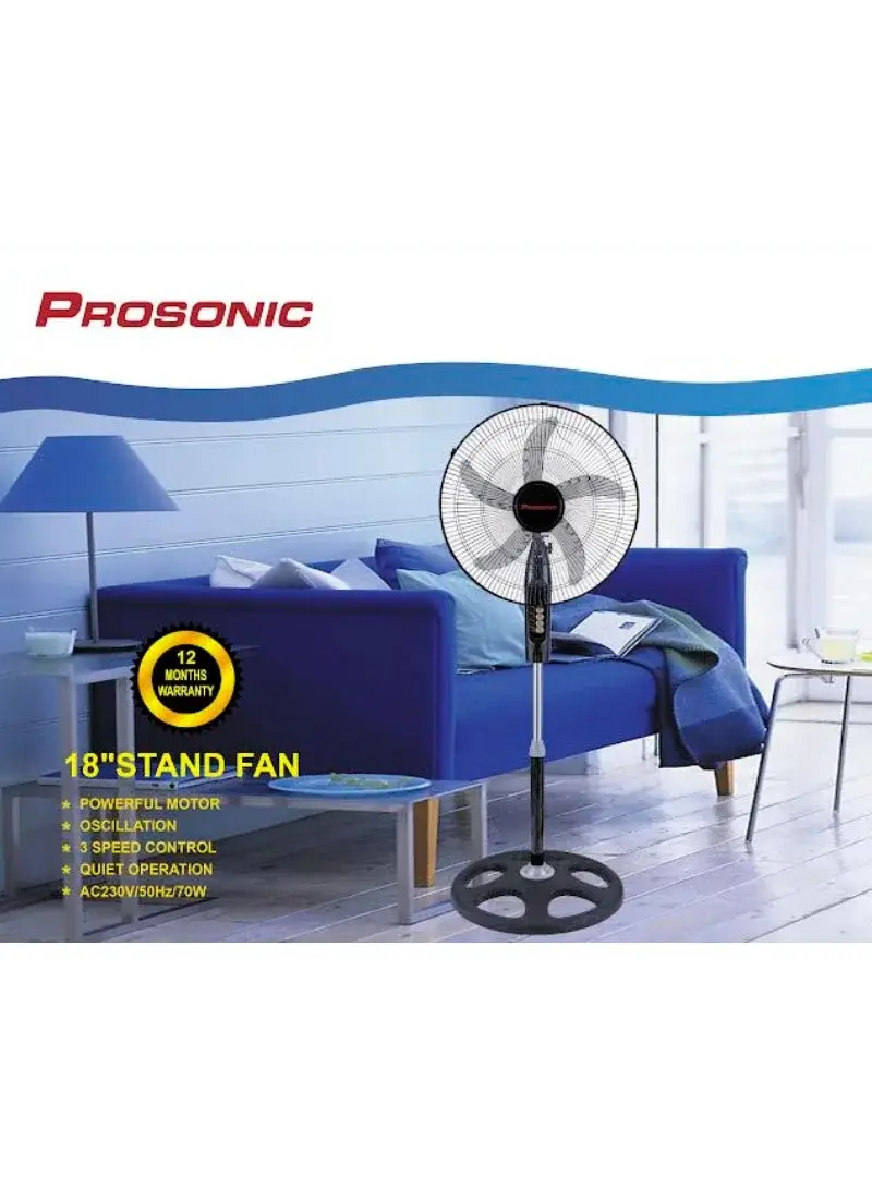 18" Quiet Oscillating Stand Fan, 70W with Full Copper Motor FS-1836