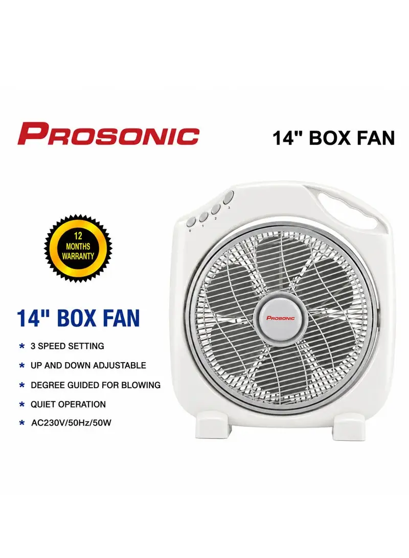 14" Box Fan, 50W, 3-Speed Adjustable Cooling with Tilt Control & Safety Cut-Off KYT-1403