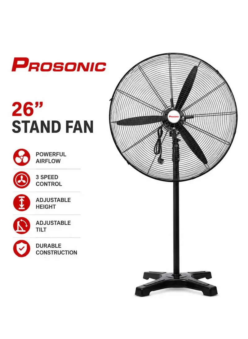 26" Industrial Stand Fan,145W, 3 Metal Blades, French Plug SF-7501