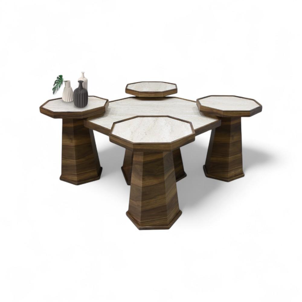 Coffee Table 4+1 Set Traverten-Walnut