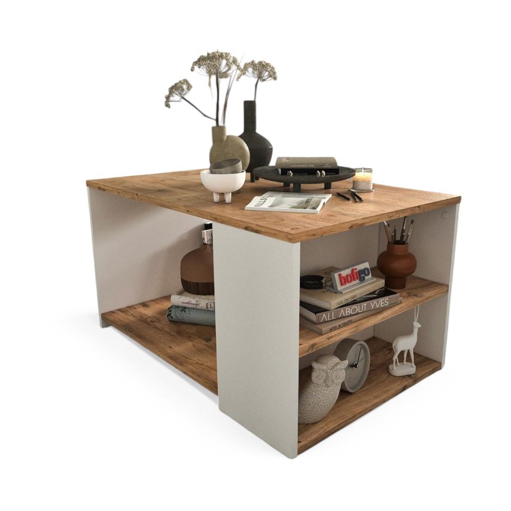 COFFEE TABLE with BOOKSHELF - Pine/white