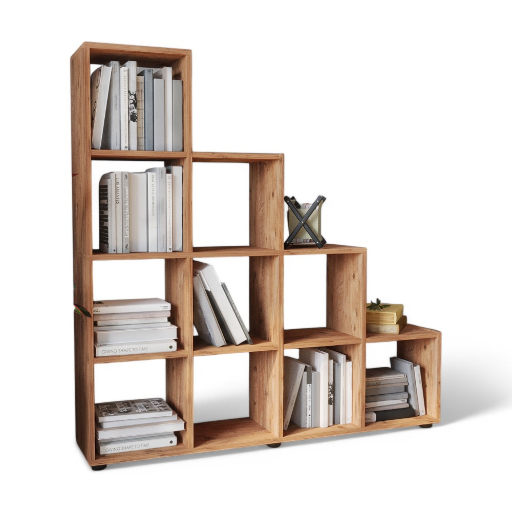 10 Shelves Stair Bookshelf Pine