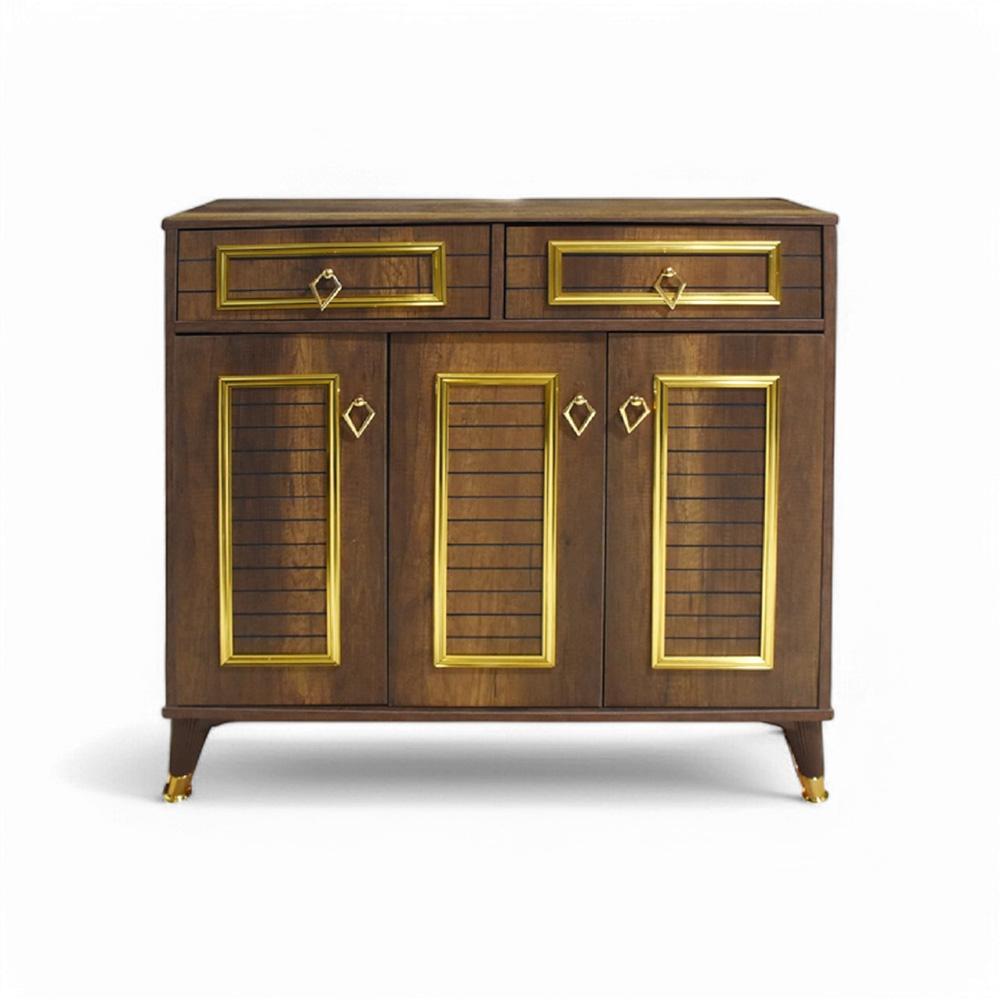 Shoes Cabinet 3 Doors Brown Gold with 2 Drawers